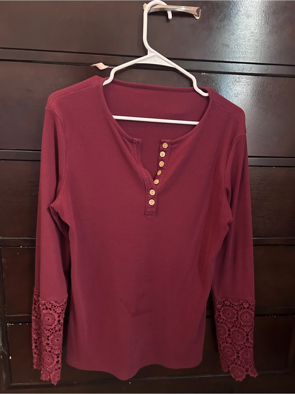 Amazon Women's Burgundy Long-Sleeve Henley with Lace Cuffs
